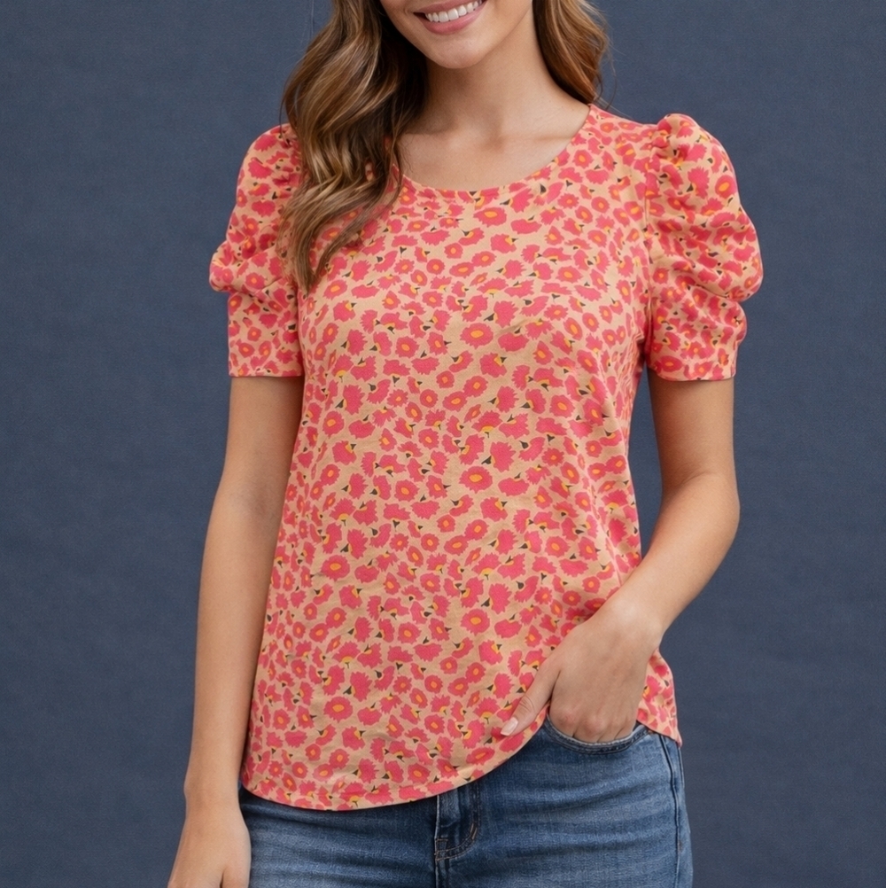 TCEC Neon Pink Floral Puff Sleeve Top